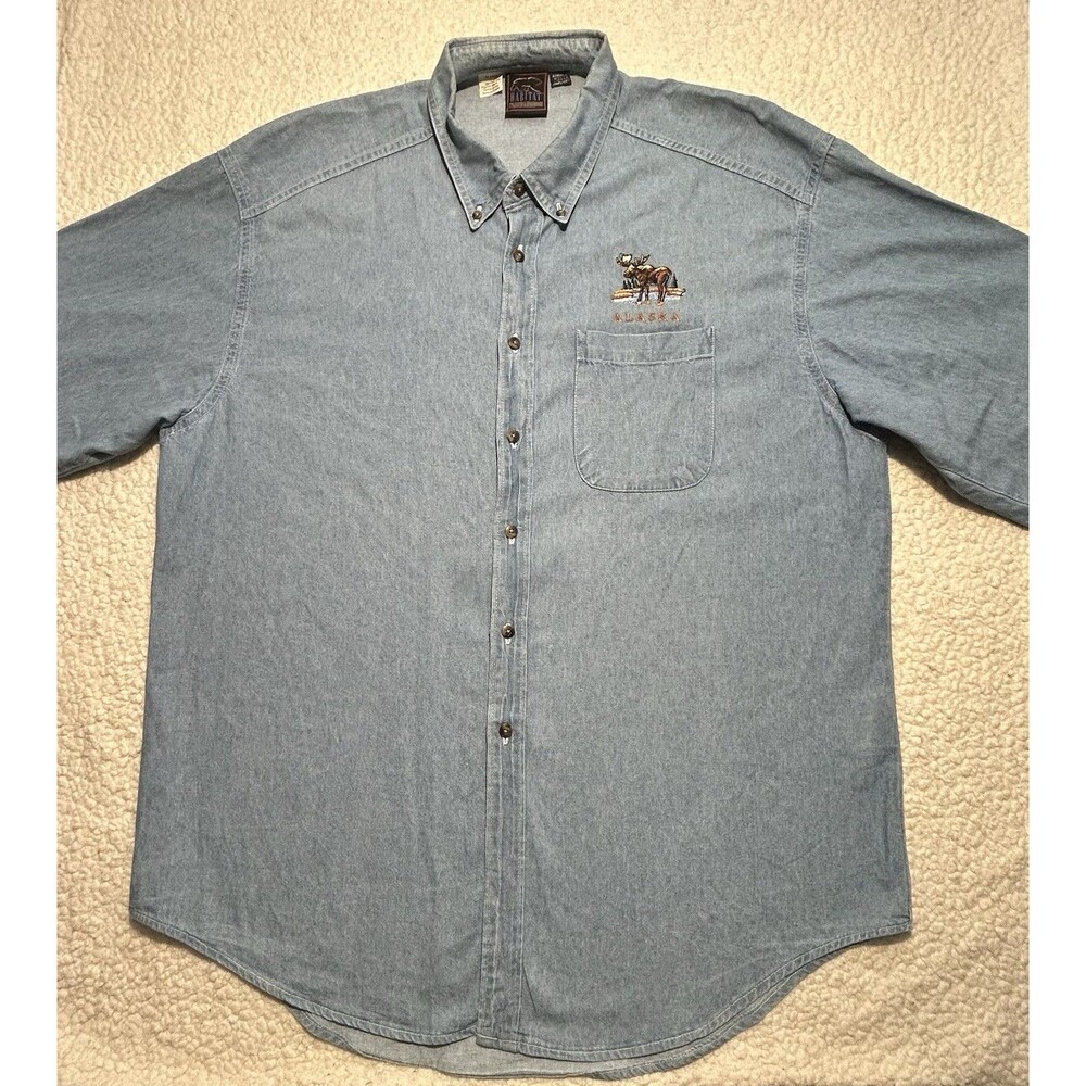 Vintage Habitat Wilderness Mens XL Denim Shirt Alaska Embroidered Moose Blue XL